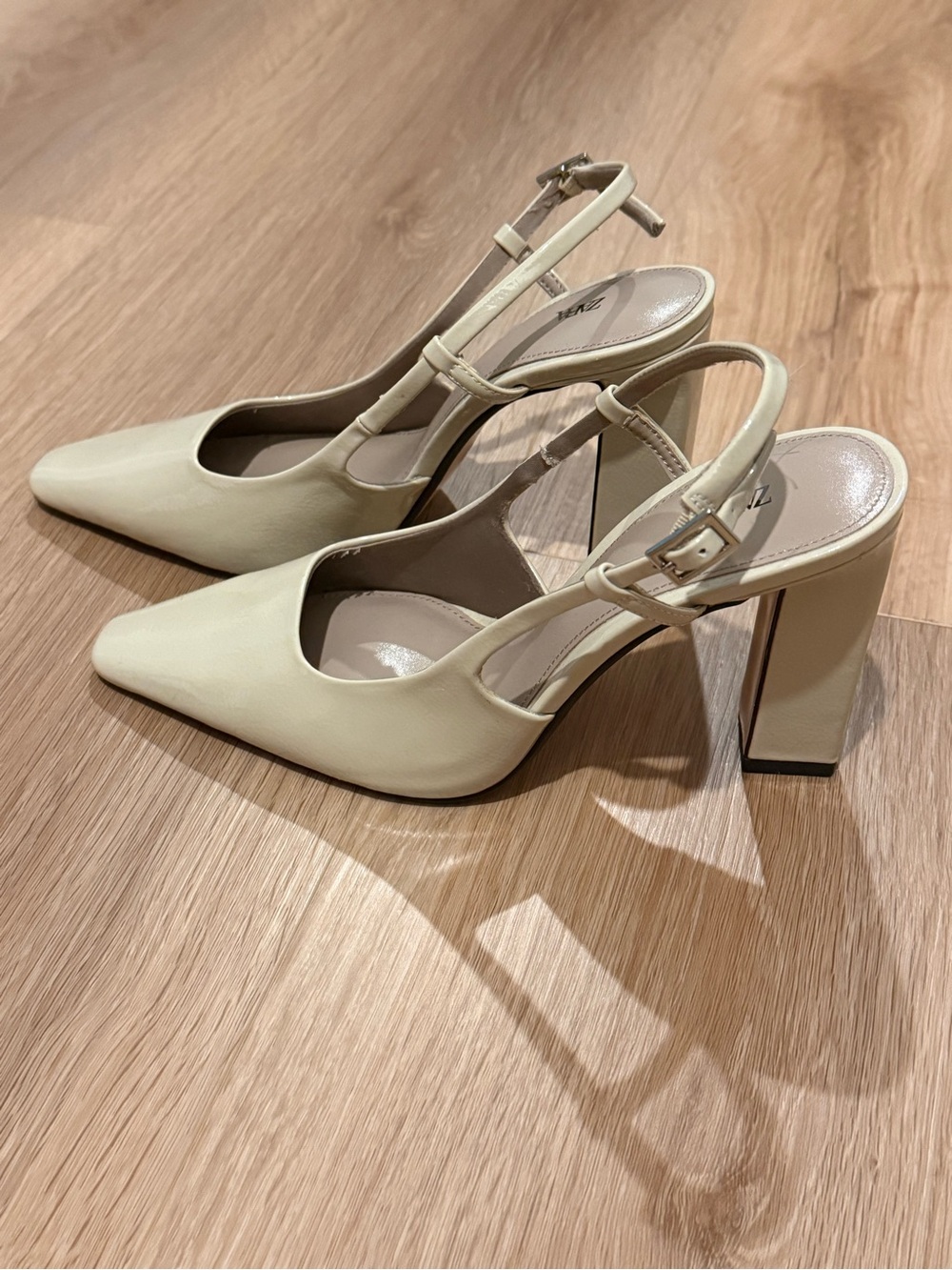 Zara Cream Pointed Slingback Block Heel Pumps